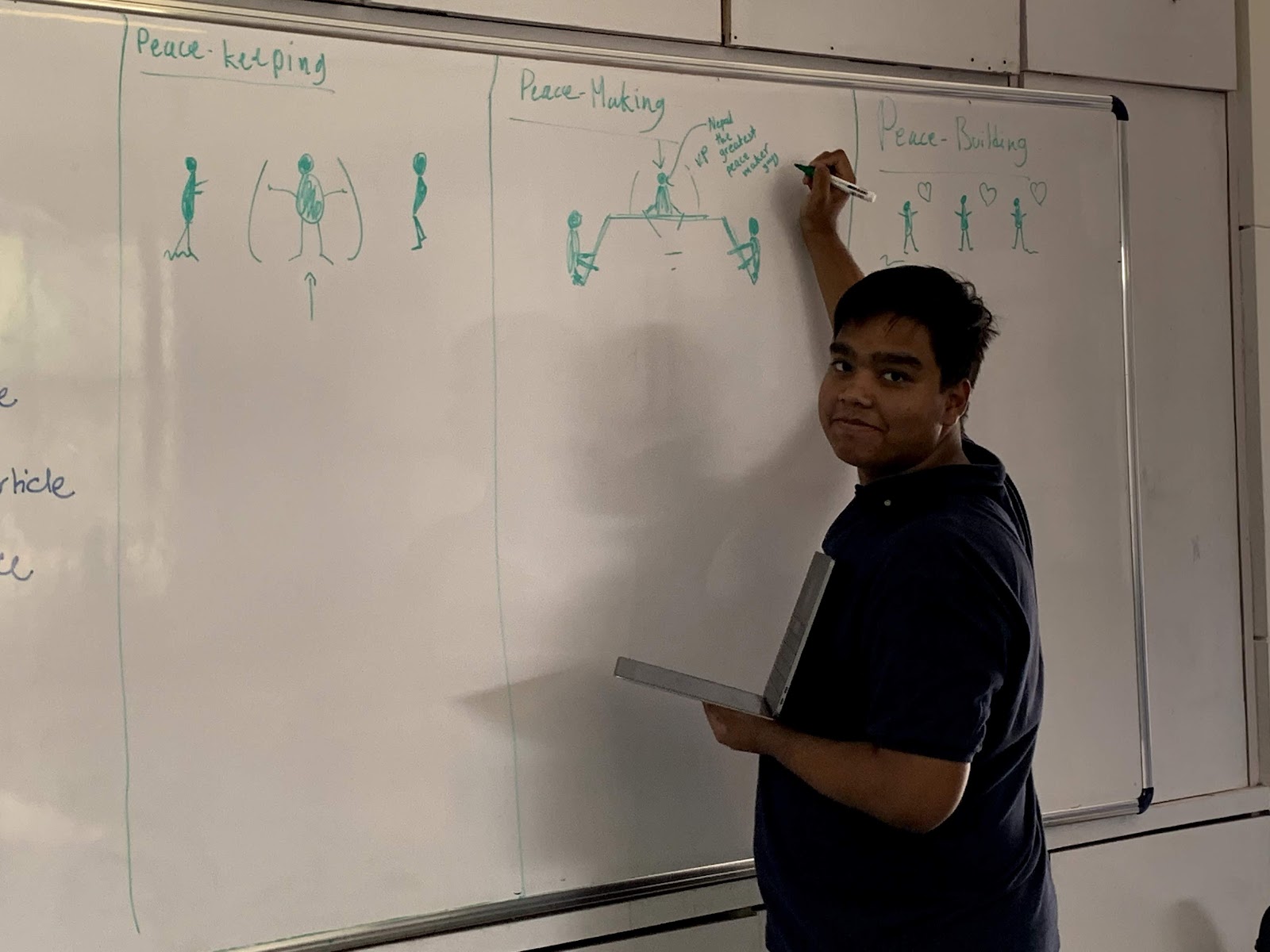 A student at the whiteboard drawing the difference between peacekeeping, peacemaking and peacebuilding