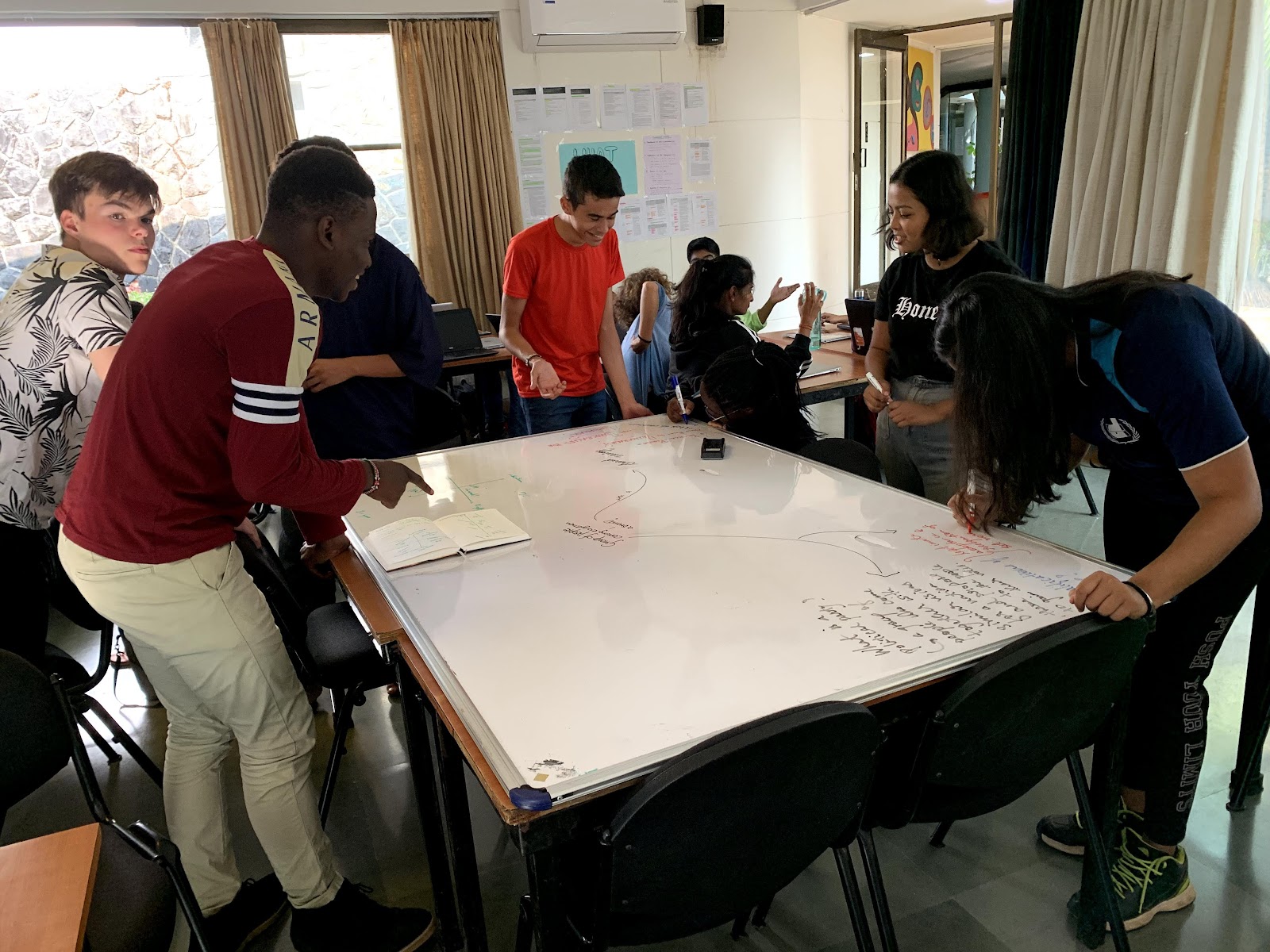 Students standing around a whiteboard laid flat on a table, mapping a political issue together